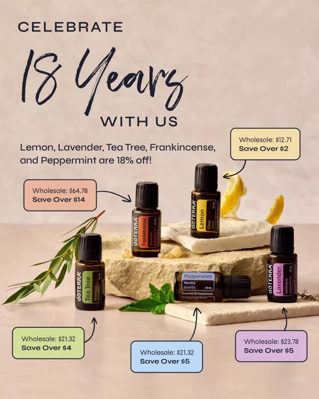 ✨ 18% OFF your everyday essentials ✨

From April 18–28, enjoy 18% OFF five of the most-loved essential oils 🌿

💧 Tea Tree — purify + clarify
💜 Lavender — relax + unwind
🍋 Lemon — fresh + energize
🌳 Frankincense — ground + glow
🌬️ Peppermint — cool + refresh

These are the oils you’ll reach for daily—for your mood, your home, and your wellness routine 🙌

⚡️ Limit 5 per oil per order
⏳ While supplies last

🛒 Tap the link in my bio to shop before they’re gone

#essentialoils #doterra #naturalwellness #holisticliving #cleanliving wellnessroutine oillover healthyhom

::